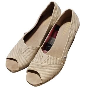Toms Shoes Womens 8.5 Calypso Espadrille Wedge Heels SlipOn Beige Canvas PeepToe